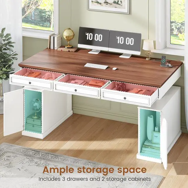 Alt view image 3 of 7 - Farmhouse Electric Standing Desk with 3 Drawers, 55.1" Height Adjustable Executive Office Desk with Storage Cabinet, Computer Sit Stand Up Desk with Power Outlets for Home Office, White