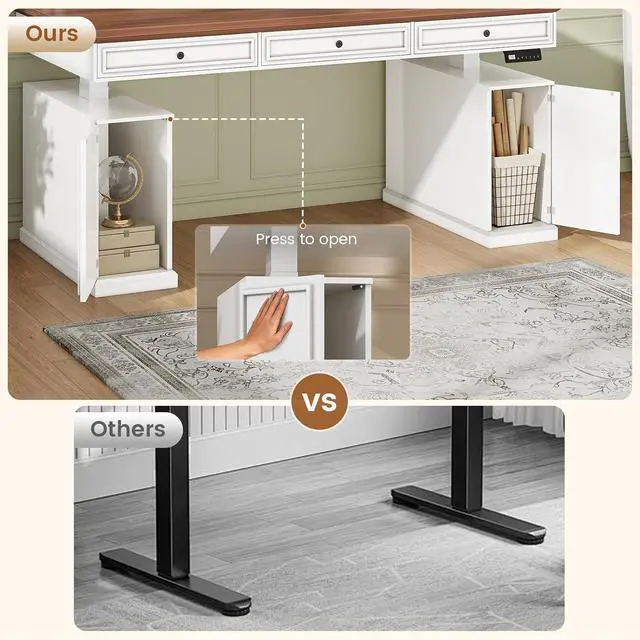 Alt view image 5 of 7 - Farmhouse Electric Standing Desk with 3 Drawers, 55.1" Height Adjustable Executive Office Desk with Storage Cabinet, Computer Sit Stand Up Desk with Power Outlets for Home Office, White