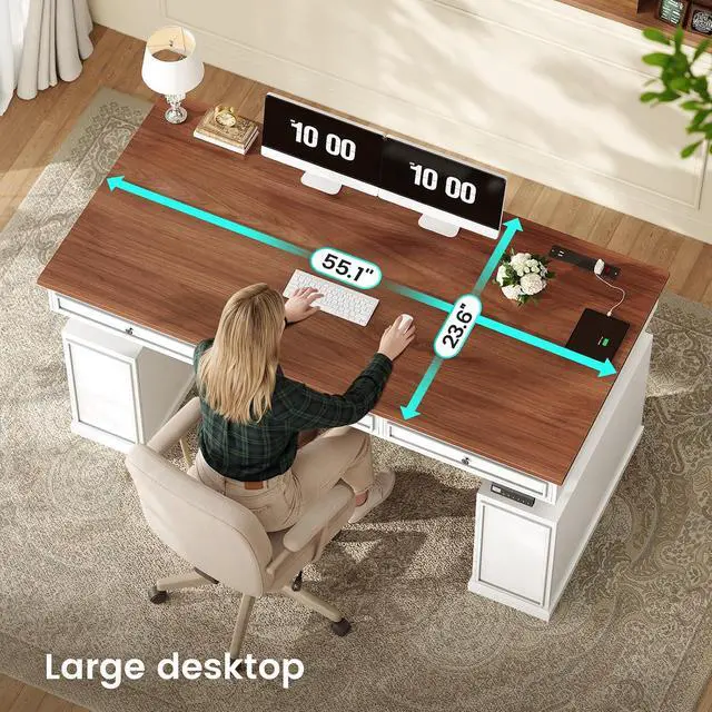 Alt view image 6 of 7 - Farmhouse Electric Standing Desk with 3 Drawers, 55.1" Height Adjustable Executive Office Desk with Storage Cabinet, Computer Sit Stand Up Desk with Power Outlets for Home Office, White