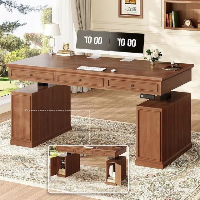 Main image of Farmhouse Electric Standing Desk with 3 Drawers, 55.1" Height Adjustable Executive Office Desk with Storage Cabinet, Computer Sit Stand Up Desk with Power Outlets for Home Office (Brown)