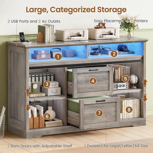 Alt view image 3 of 7 - 47.2" File Cabinet, 2 Drawers Filing Cabinets for Home Office fit Legal/Letter/A4 File, Farmhouse File Cabinet with Barn Door & Power Outlets, Printer Stand with Storage & LED Lights, Grey