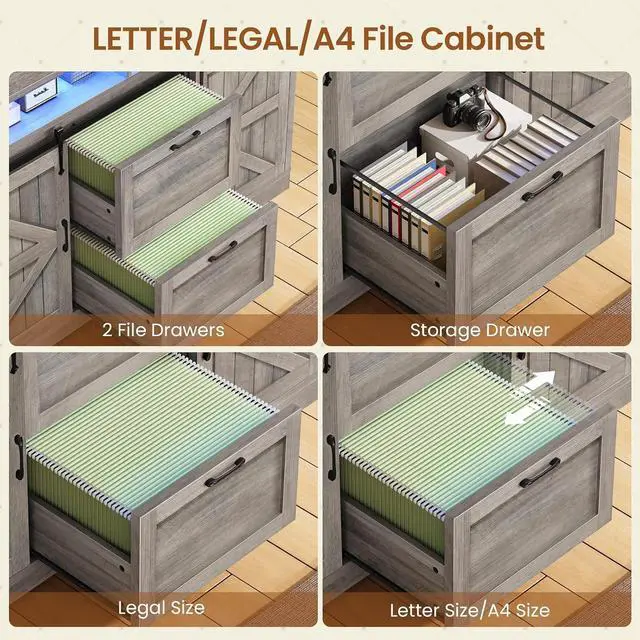 Alt view image 4 of 7 - 47.2" File Cabinet, 2 Drawers Filing Cabinets for Home Office fit Legal/Letter/A4 File, Farmhouse File Cabinet with Barn Door & Power Outlets, Printer Stand with Storage & LED Lights, Grey