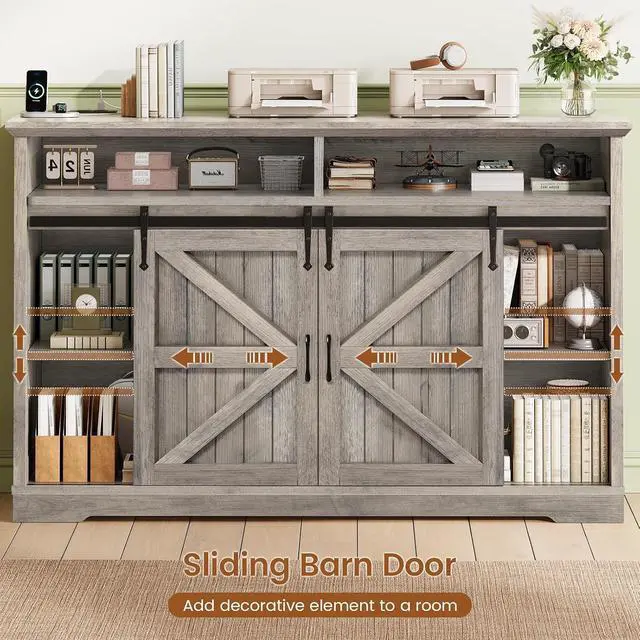 Alt view image 5 of 7 - 47.2" File Cabinet, 2 Drawers Filing Cabinets for Home Office fit Legal/Letter/A4 File, Farmhouse File Cabinet with Barn Door & Power Outlets, Printer Stand with Storage & LED Lights, Grey