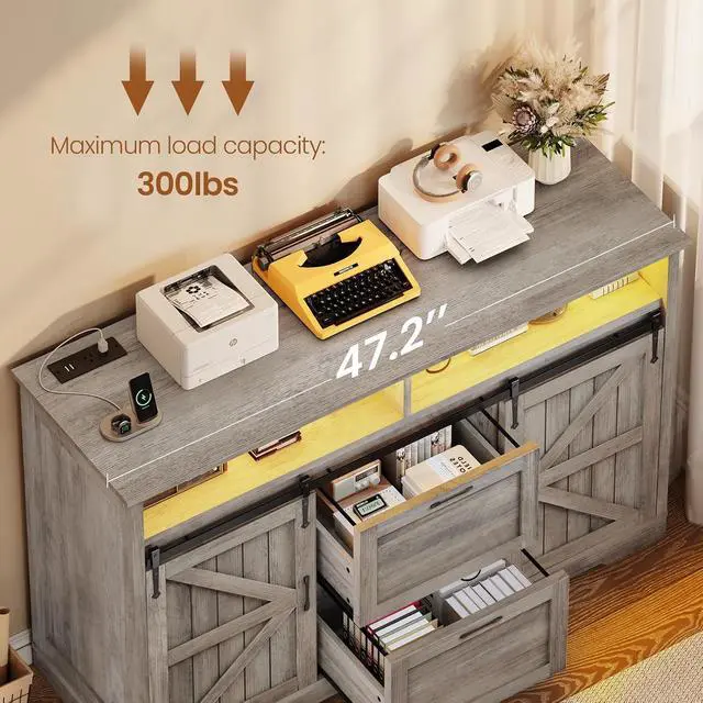 Alt view image 7 of 7 - 47.2" File Cabinet, 2 Drawers Filing Cabinets for Home Office fit Legal/Letter/A4 File, Farmhouse File Cabinet with Barn Door & Power Outlets, Printer Stand with Storage & LED Lights, Grey