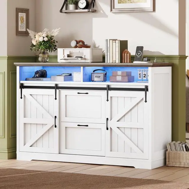 Main image of 47.2" File Cabinet, 2 Drawers Filing Cabinets for Home Office fit Legal/Letter/A4 File, Farmhouse File Cabinet with Barn Door & Power Outlet, Printer Stand with Storage & LED Light, White+Grey