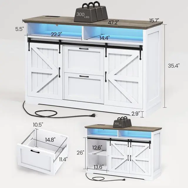 Alt view image 2 of 7 - 47.2" File Cabinet, 2 Drawers Filing Cabinets for Home Office fit Legal/Letter/A4 File, Farmhouse File Cabinet with Barn Door & Power Outlet, Printer Stand with Storage & LED Light, White+Grey