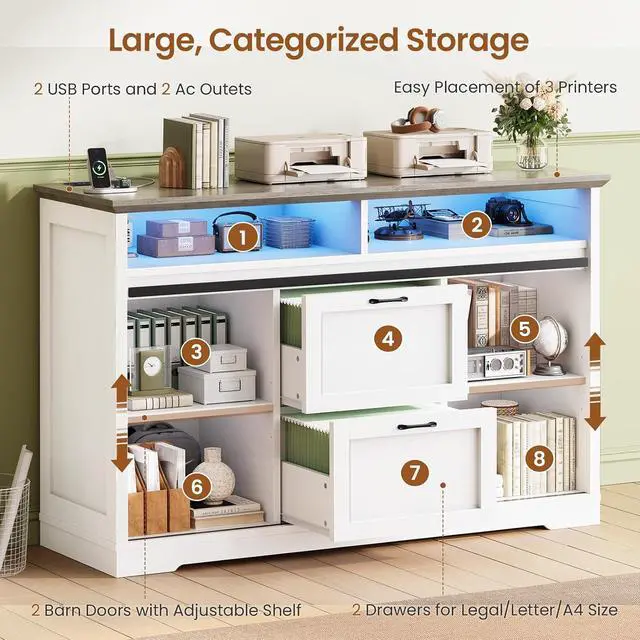 Alt view image 3 of 7 - 47.2" File Cabinet, 2 Drawers Filing Cabinets for Home Office fit Legal/Letter/A4 File, Farmhouse File Cabinet with Barn Door & Power Outlet, Printer Stand with Storage & LED Light, White+Grey