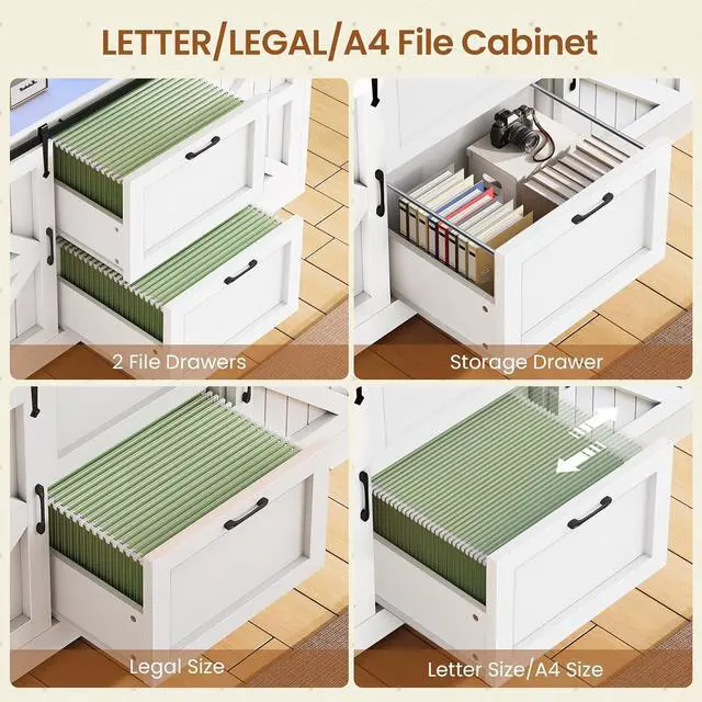 Alt view image 4 of 7 - 47.2" File Cabinet, 2 Drawers Filing Cabinets for Home Office fit Legal/Letter/A4 File, Farmhouse File Cabinet with Barn Door & Power Outlet, Printer Stand with Storage & LED Light, White+Grey
