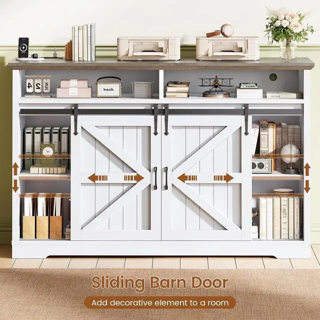 Alt view image 5 of 7 - 47.2" File Cabinet, 2 Drawers Filing Cabinets for Home Office fit Legal/Letter/A4 File, Farmhouse File Cabinet with Barn Door & Power Outlet, Printer Stand with Storage & LED Light, White+Grey