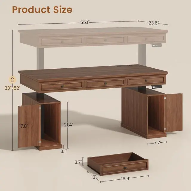 Alt view image 2 of 7 - Farmhouse Electric Standing Desk with 3 Drawers, 55.1" Height Adjustable Executive Office Desk with Storage Cabinet, Computer Sit Stand Up Desk with Power Outlets for Home Office (Brown)