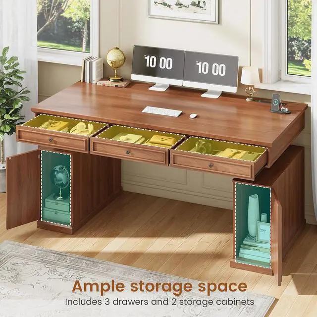 Alt view image 3 of 7 - Farmhouse Electric Standing Desk with 3 Drawers, 55.1" Height Adjustable Executive Office Desk with Storage Cabinet, Computer Sit Stand Up Desk with Power Outlets for Home Office (Brown)