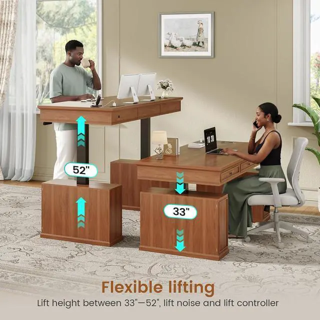 Alt view image 4 of 7 - Farmhouse Electric Standing Desk with 3 Drawers, 55.1" Height Adjustable Executive Office Desk with Storage Cabinet, Computer Sit Stand Up Desk with Power Outlets for Home Office (Brown)