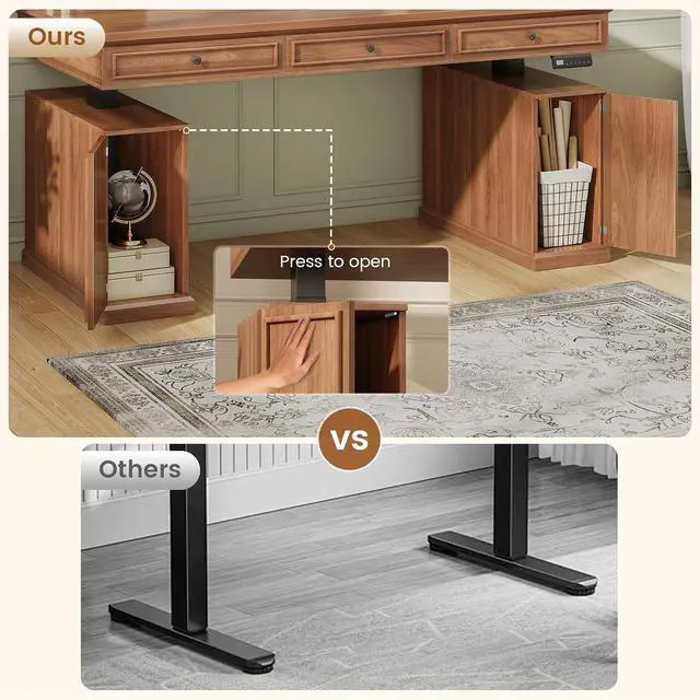 Alt view image 5 of 7 - Farmhouse Electric Standing Desk with 3 Drawers, 55.1" Height Adjustable Executive Office Desk with Storage Cabinet, Computer Sit Stand Up Desk with Power Outlets for Home Office (Brown)