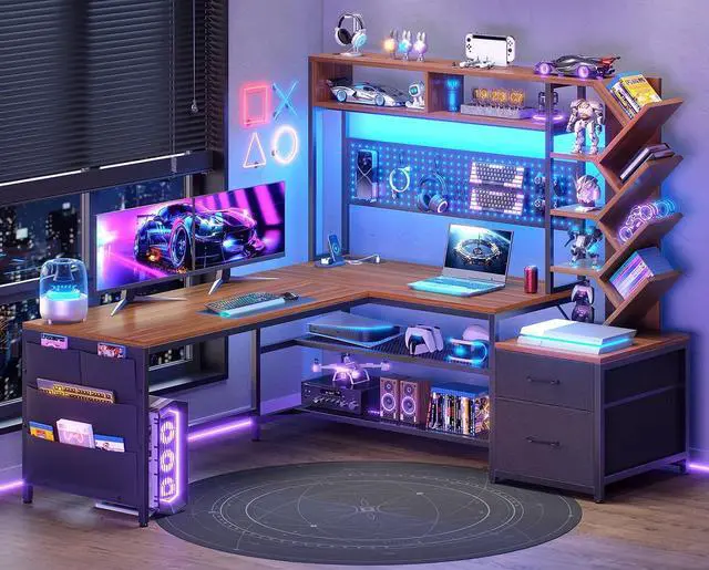 Main image of L Shaped Gaming Desk with Hutch, Convertible 97.6" Two Person Office Desk with Drawers and Bookshelf, Corner Computer Desk with Power Outlet, LED Lights, Pegboard, Black and Brown
