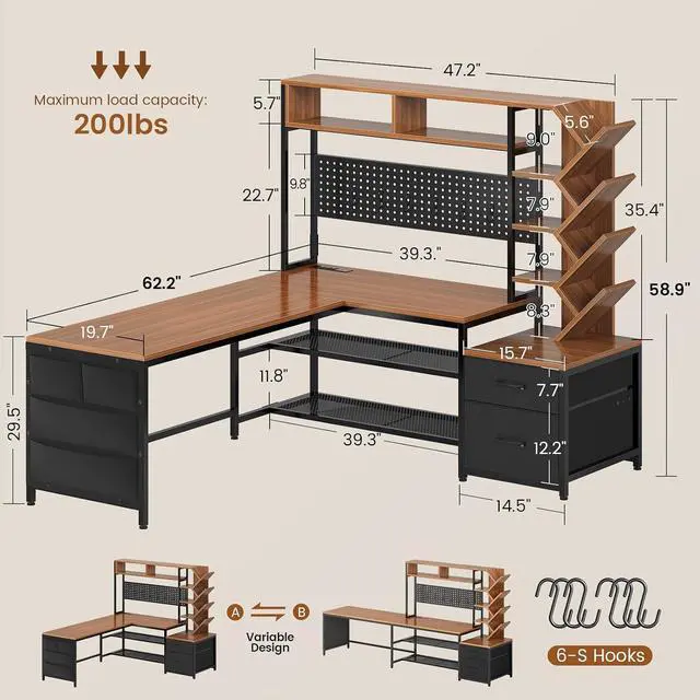 Alt view image 2 of 7 - L Shaped Gaming Desk with Hutch, Convertible 97.6" Two Person Office Desk with Drawers and Bookshelf, Corner Computer Desk with Power Outlet, LED Lights, Pegboard, Black and Brown