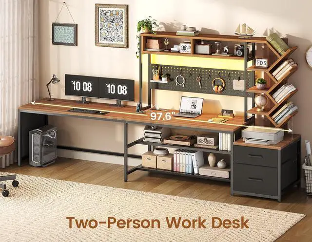 Alt view image 3 of 7 - L Shaped Gaming Desk with Hutch, Convertible 97.6" Two Person Office Desk with Drawers and Bookshelf, Corner Computer Desk with Power Outlet, LED Lights, Pegboard, Black and Brown