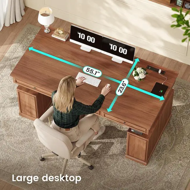Alt view image 6 of 7 - Farmhouse Electric Standing Desk with 3 Drawers, 55.1" Height Adjustable Executive Office Desk with Storage Cabinet, Computer Sit Stand Up Desk with Power Outlets for Home Office (Brown)