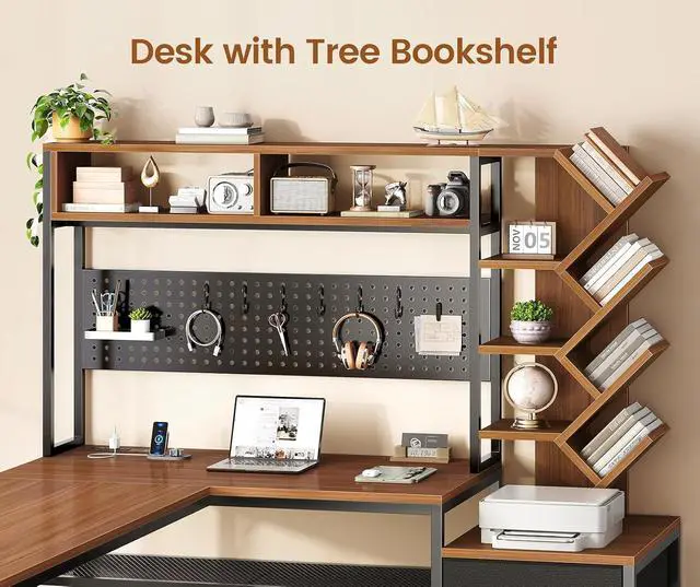 Alt view image 4 of 7 - L Shaped Gaming Desk with Hutch, Convertible 97.6" Two Person Office Desk with Drawers and Bookshelf, Corner Computer Desk with Power Outlet, LED Lights, Pegboard, Black and Brown