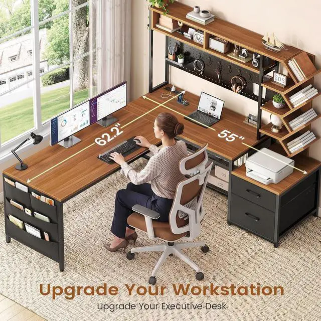 Alt view image 7 of 7 - L Shaped Gaming Desk with Hutch, Convertible 97.6" Two Person Office Desk with Drawers and Bookshelf, Corner Computer Desk with Power Outlet, LED Lights, Pegboard, Black and Brown