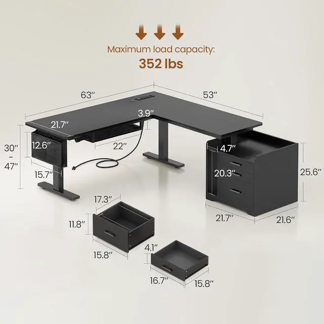 Alt view image 2 of 7 - L Shaped Electric Standing Desk with File Cabinet, 63 x 53'' Height Adjustable Home Office Computer Desk with Drawers, Power Outlet, Stand up Gaming Table with Led Lights, Keyboard Tray, Black
