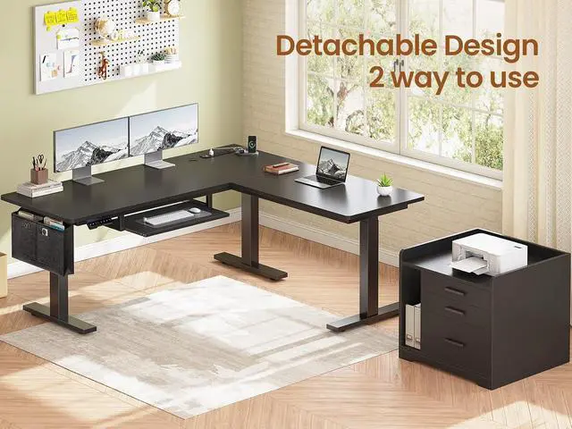 Alt view image 3 of 7 - L Shaped Electric Standing Desk with File Cabinet, 63 x 53'' Height Adjustable Home Office Computer Desk with Drawers, Power Outlet, Stand up Gaming Table with Led Lights, Keyboard Tray, Black
