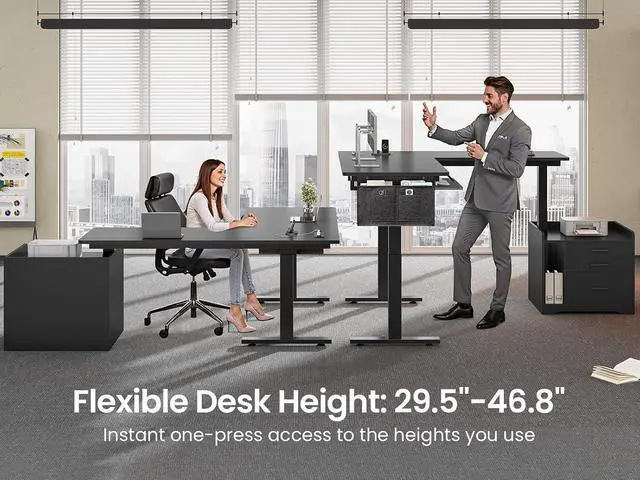 Alt view image 4 of 7 - L Shaped Electric Standing Desk with File Cabinet, 63 x 53'' Height Adjustable Home Office Computer Desk with Drawers, Power Outlet, Stand up Gaming Table with Led Lights, Keyboard Tray, Black