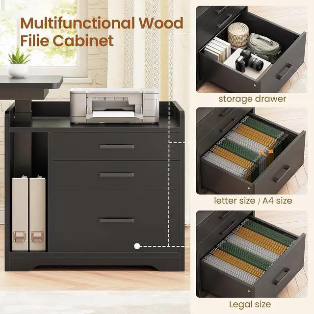 Alt view image 5 of 7 - L Shaped Electric Standing Desk with File Cabinet, 63 x 53'' Height Adjustable Home Office Computer Desk with Drawers, Power Outlet, Stand up Gaming Table with Led Lights, Keyboard Tray, Black
