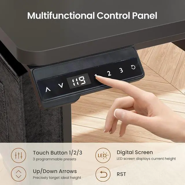 Alt view image 7 of 7 - L Shaped Electric Standing Desk with File Cabinet, 63 x 53'' Height Adjustable Home Office Computer Desk with Drawers, Power Outlet, Stand up Gaming Table with Led Lights, Keyboard Tray, Black