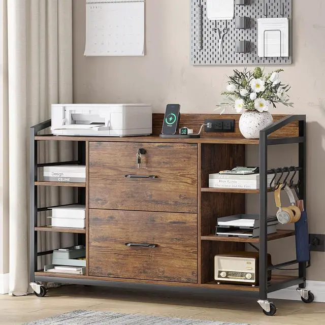 Main image of 44" File Cabinet, Filing Cabinet fits Legal/Letter Size, 2 Drawer File Cabinets for Home Office with Lock, Power Strip, 6 Storage Shelves, Rustic Brown
