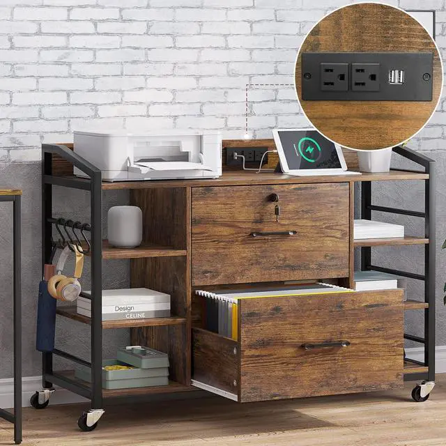 Alt view image 3 of 7 - 44" File Cabinet, Filing Cabinet fits Legal/Letter Size, 2 Drawer File Cabinets for Home Office with Lock, Power Strip, 6 Storage Shelves, Rustic Brown