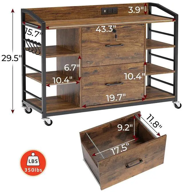 Alt view image 2 of 7 - 44" File Cabinet, Filing Cabinet fits Legal/Letter Size, 2 Drawer File Cabinets for Home Office with Lock, Power Strip, 6 Storage Shelves, Rustic Brown