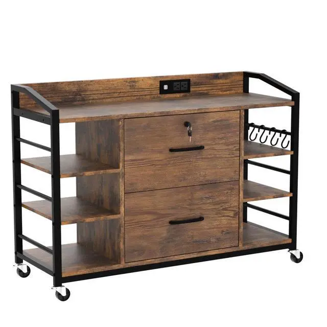 Alt view image 5 of 7 - 44" File Cabinet, Filing Cabinet fits Legal/Letter Size, 2 Drawer File Cabinets for Home Office with Lock, Power Strip, 6 Storage Shelves, Rustic Brown