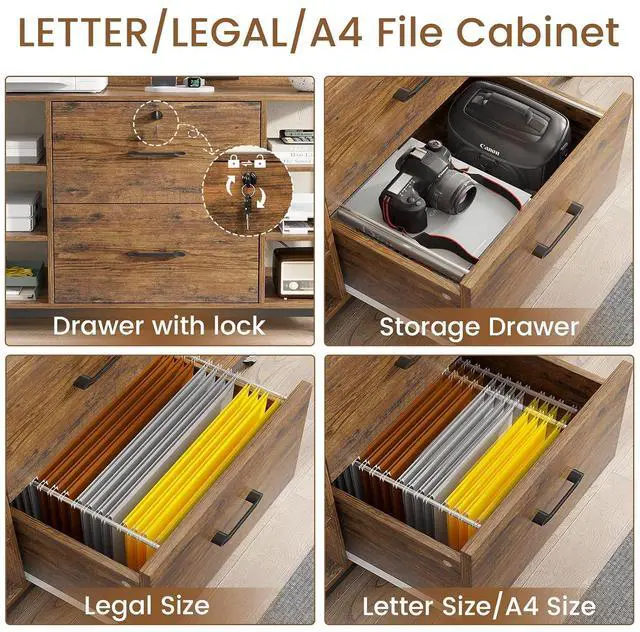Alt view image 4 of 7 - 44" File Cabinet, Filing Cabinet fits Legal/Letter Size, 2 Drawer File Cabinets for Home Office with Lock, Power Strip, 6 Storage Shelves, Rustic Brown
