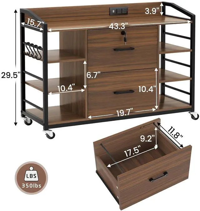 Alt view image 2 of 7 - 44" File Cabinet, Filing Cabinet fits Legal/Letter Size, 2 Drawer File Cabinets for Home Office with Lock, Power Strip, 6 Storage Shelves, Walnut Brown