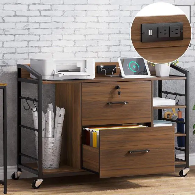 Alt view image 3 of 7 - 44" File Cabinet, Filing Cabinet fits Legal/Letter Size, 2 Drawer File Cabinets for Home Office with Lock, Power Strip, 6 Storage Shelves, Walnut Brown