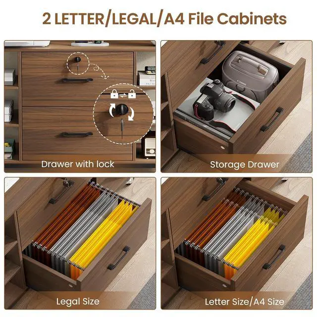 Alt view image 4 of 7 - 44" File Cabinet, Filing Cabinet fits Legal/Letter Size, 2 Drawer File Cabinets for Home Office with Lock, Power Strip, 6 Storage Shelves, Walnut Brown
