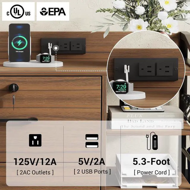 Alt view image 5 of 7 - 44" File Cabinet, Filing Cabinet fits Legal/Letter Size, 2 Drawer File Cabinets for Home Office with Lock, Power Strip, 6 Storage Shelves, Walnut Brown