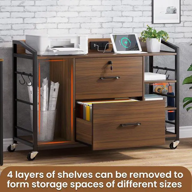 Alt view image 6 of 7 - 44" File Cabinet, Filing Cabinet fits Legal/Letter Size, 2 Drawer File Cabinets for Home Office with Lock, Power Strip, 6 Storage Shelves, Walnut Brown