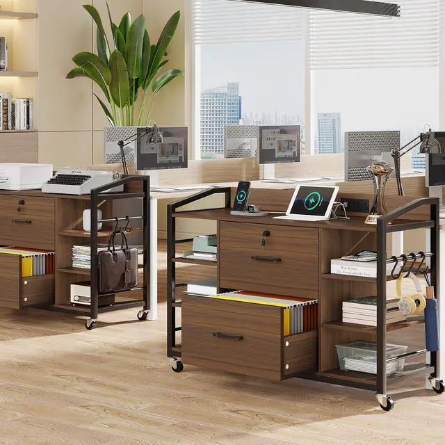 Alt view image 7 of 7 - 44" File Cabinet, Filing Cabinet fits Legal/Letter Size, 2 Drawer File Cabinets for Home Office with Lock, Power Strip, 6 Storage Shelves, Walnut Brown