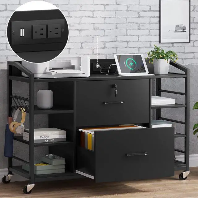 Alt view image 3 of 7 - 44" File Cabinet, Filing Cabinets fits Legal, Letter, A4 Size, 2 Drawer Office File Cabinet for Home Office with Lock, Power Strip, 6 Adjustable Shelves & 4 Hooks, Black