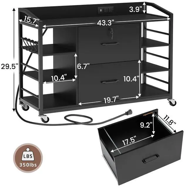 Alt view image 2 of 7 - 44" File Cabinet, Filing Cabinets fits Legal, Letter, A4 Size, 2 Drawer Office File Cabinet for Home Office with Lock, Power Strip, 6 Adjustable Shelves & 4 Hooks, Black