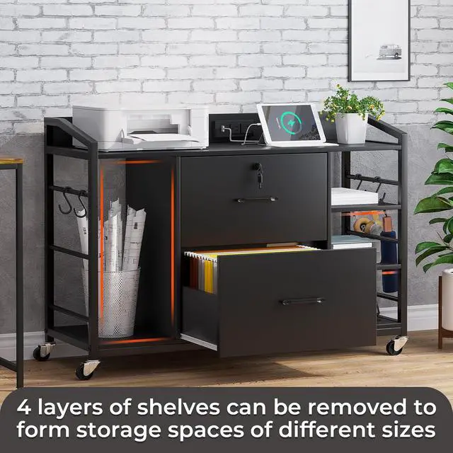 Alt view image 6 of 7 - 44" File Cabinet, Filing Cabinets fits Legal, Letter, A4 Size, 2 Drawer Office File Cabinet for Home Office with Lock, Power Strip, 6 Adjustable Shelves & 4 Hooks, Black