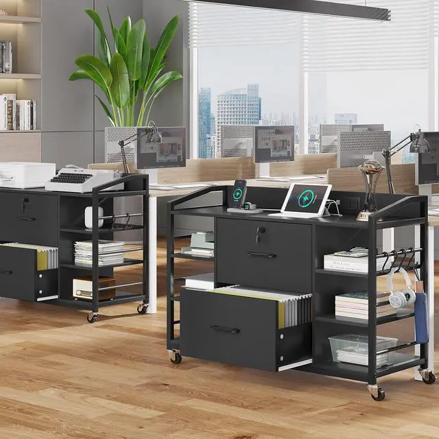 Alt view image 7 of 7 - 44" File Cabinet, Filing Cabinets fits Legal, Letter, A4 Size, 2 Drawer Office File Cabinet for Home Office with Lock, Power Strip, 6 Adjustable Shelves & 4 Hooks, Black