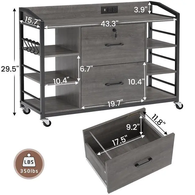 Alt view image 2 of 7 - 44" File Cabinet, Filing Cabinet fits Legal/Letter Size, 2 Drawer File Cabinets for Home Office with Lock, Power Strip, 6 Storage Shelves, Grey