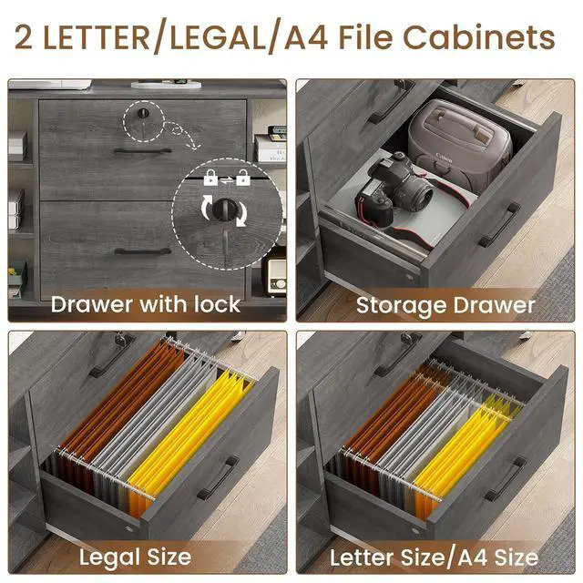 Alt view image 4 of 7 - 44" File Cabinet, Filing Cabinet fits Legal/Letter Size, 2 Drawer File Cabinets for Home Office with Lock, Power Strip, 6 Storage Shelves, Grey