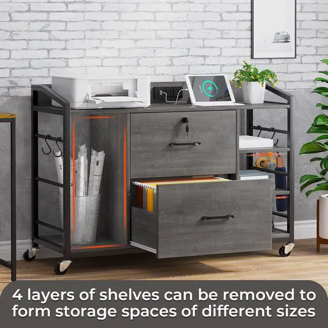 Alt view image 6 of 7 - 44" File Cabinet, Filing Cabinet fits Legal/Letter Size, 2 Drawer File Cabinets for Home Office with Lock, Power Strip, 6 Storage Shelves, Grey