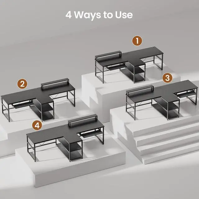 Alt view image 5 of 7 - 94.5" Gaming Computer Desk, 2 Person Office Desk with Storage, LED Lights, Power Strip, Long Desks with Keyboard Tray & Monitor Stand for Home Office, Carbon Fiber Black