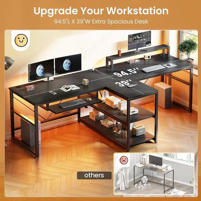 Alt view image 3 of 7 - 94.5" Gaming Computer Desk, 2 Person Office Desk with Storage, LED Lights, Power Strip, Long Desks with Keyboard Tray & Monitor Stand for Home Office, Carbon Fiber Black