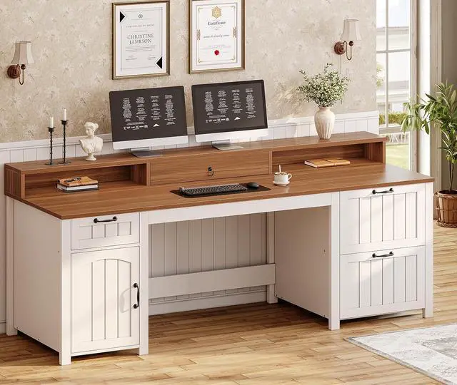 Main image of Farmhouse 63" Executive Desk, Home Office Desk with File Drawer and Monitor Stand, Computer Desk with Drawers and Storage Cabinet, Wood Desk for Work Study Writing, White Brown