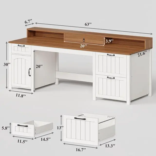 Alt view image 2 of 7 - Farmhouse 63" Executive Desk, Home Office Desk with File Drawer and Monitor Stand, Computer Desk with Drawers and Storage Cabinet, Wood Desk for Work Study Writing, White Brown